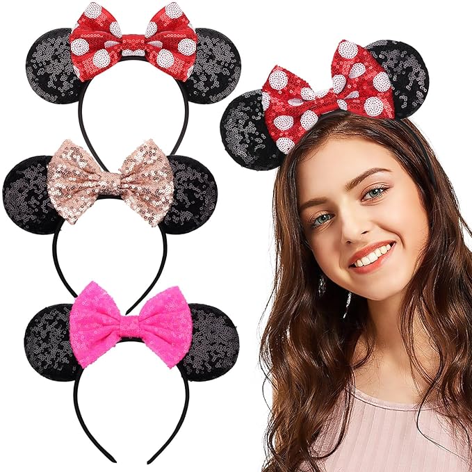 DRESHOW Mouse Ears Bow Headbands Minnie Ears Headband Glitter Party Decoration Cosplay Costume for Women