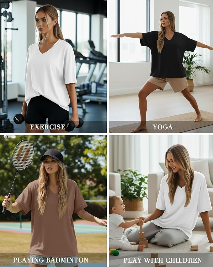 Huukeay Women's Cotton Oversized T Shirts 3 Pack V Neck Loose Fit Half Sleeve Tops Baggy Casual Summer Gym Workout Tees 2026