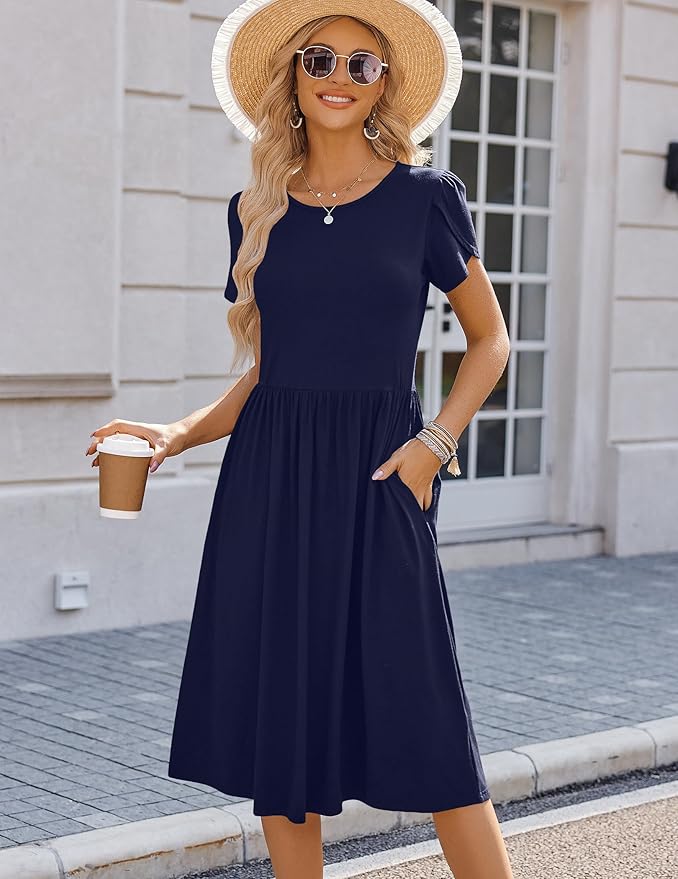HOTOUCH Women's Summer A-Line Midi Dresses 2026 Casual Floral Short Sleeve T-Shirt Dress Flowy Beach Sundress with Pockets