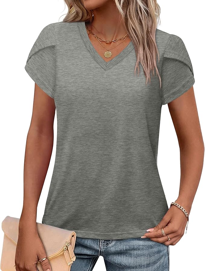 WIHOLL Womens Tops V Neck Summer Petal Sleeve Casual Tshirts