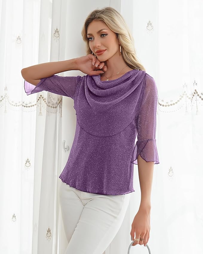 Lotusmile Blouses for Women Dressy Casual 3/4 Sleeve Cowl Neck Sparkly Tops Cocktail Shirts for Evening Party