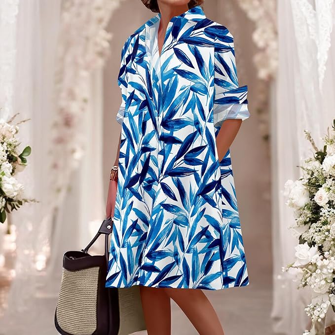 Shirt Dresses for Women 2025 Summer Long Sleeve Casual Plus Size Floral Printed Beach Vacation Dress with Pockets