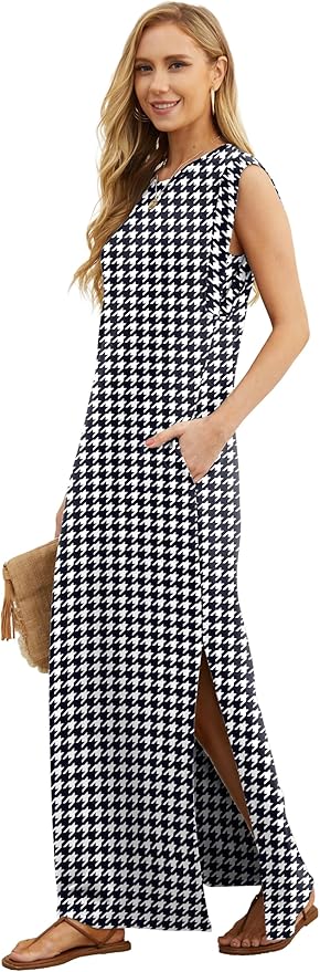 GRECERELLE 2026 Women Year-Round Casual Round Neck Loose Split Wrinkle-Free Long Maxi Vacation Dress with Pockets (XXS-4XL)