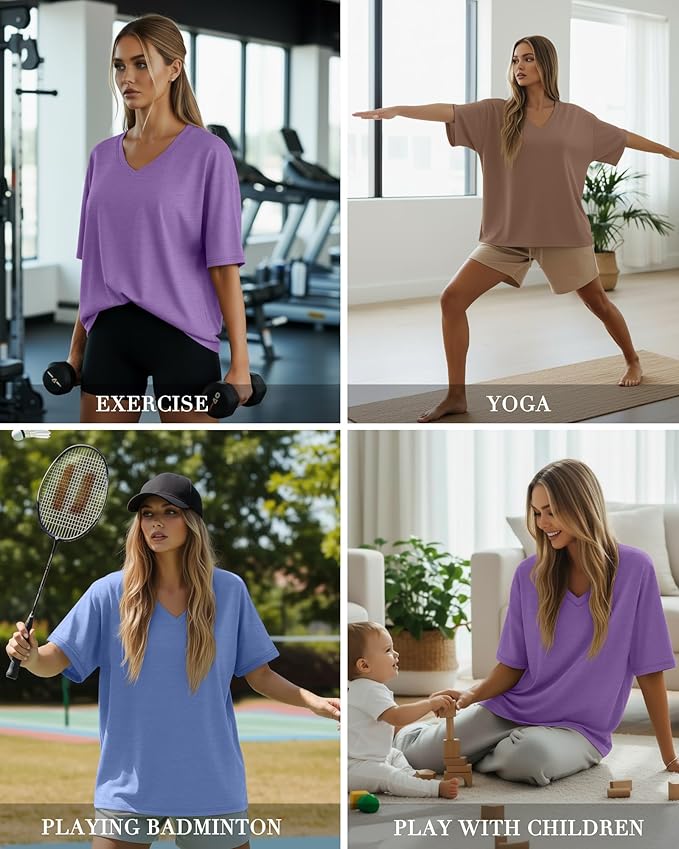 Huukeay Women's Cotton Oversized T Shirts 3 Pack V Neck Loose Fit Half Sleeve Tops Baggy Casual Summer Gym Workout Tees 2026