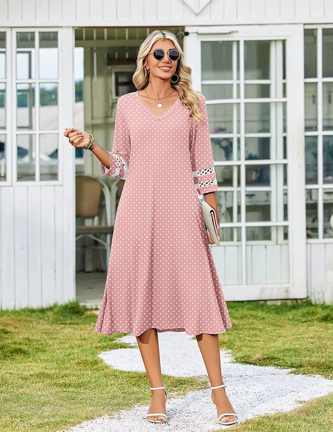 Zeagoo Women's Dresses 3/4 Sleeve Summer Casual V-Neck A Line Flowy Eyelet Midi Dress for Women Beach Vacation Sundress