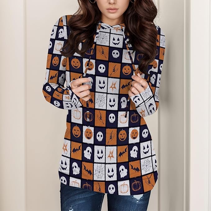 domirica Halloween Hooded Sweatshirt Long Sleeve Pocket Trendy Pumpkin Skull Sweatshirt Halloween Costumes For Holiday Party