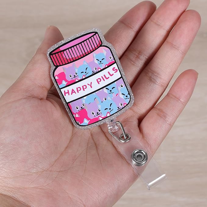 Happy Pills Funny Pharmacy Badge Reel, Cute Retractable ID Card Badge Holder, Name Tag Work Badge Clip for RN LPN CNA MA Night Shift Nurse Nursing Student Sleep Center Psychiatry Doctor, Nurse Gifts