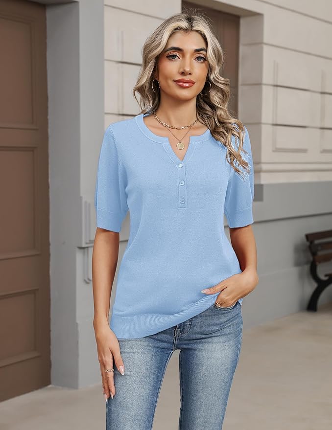 Zeagoo Women's Short Sleeve Sweater 2026 Spring Summer Tops Lightweight Casual V Neck Sweaters Dressy Work Blouses Clothes