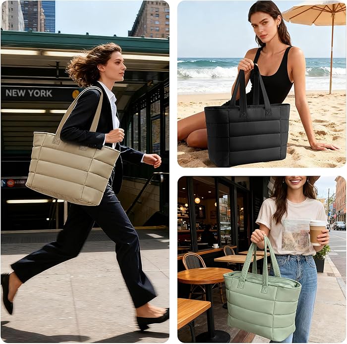 Puffer Tote Bag for Women, Lightweight Puffy Shoulder Bag with Handbag for Travel, Work, Gym, Laptop Bag for Nurse Teacher