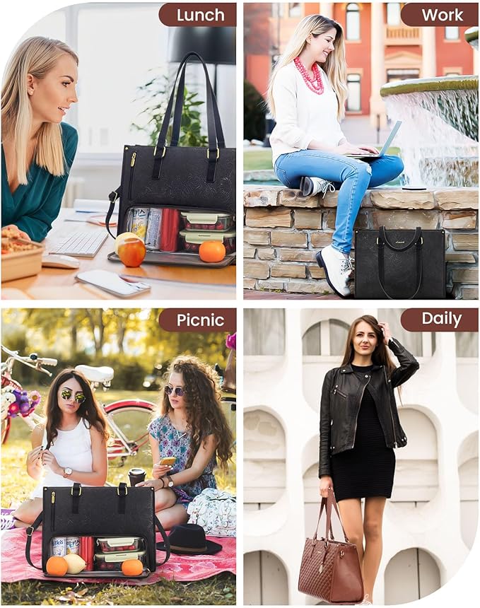 LOVEVOOK Lunch Tote Bag for Women, 17.3 Inch Laptop Bag with Insulated Lunch Compartment, Quilted Large Capacity Computer Handbag with Purse for Business, Work, Nurse, Office, Collage, Casual