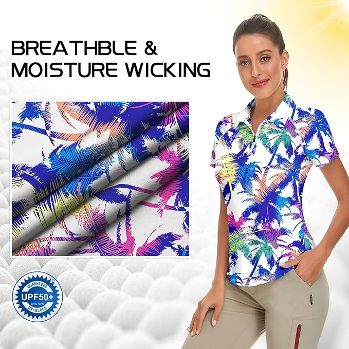 Women's Golf Shirt Short Sleeve Tennis Shirt Quarter Zip Golf Pullover Golf Polo Shirts Argyle Tops
