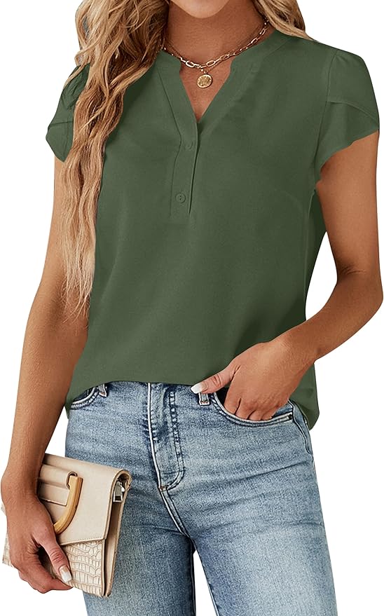Blooming Jelly Women's Dressy Casual Tops Business Work Blouses White Button Down Shirts Cap Sleeve V Neck Tshirt