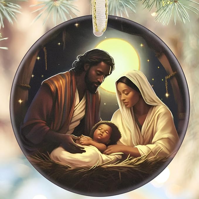 LAOWEIKI Nativity Christmas Ornament, 3.5 Inch Ceramic, Christian Gift, Christmas Tree Decor