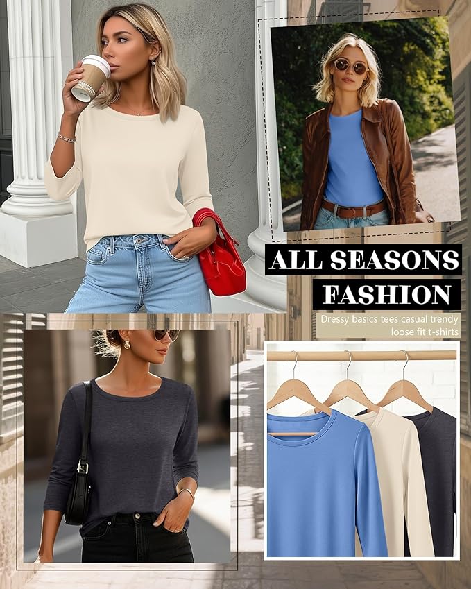 Ficerd 3 Pack 3/4 Sleeve Tops for Women Round Neck Dressy Basics Tees Casual Trendy Loose Fit T Shirts