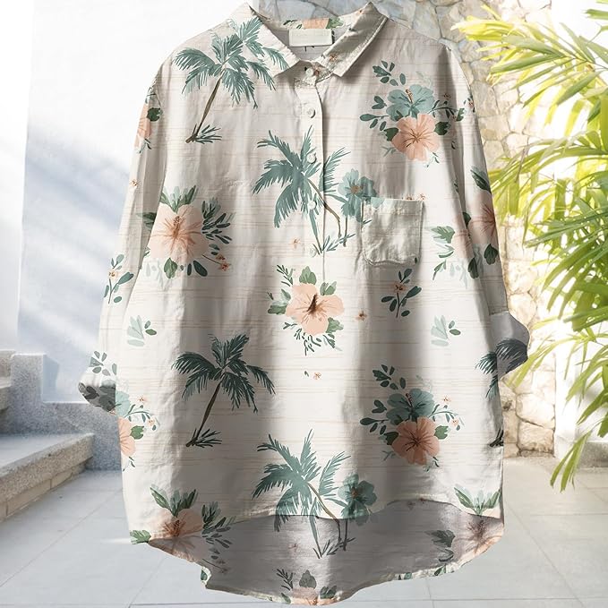 Womens Boho Tops 3/4 Long Sleeve Floral Blouses Hawaii Beach Button Down Shirts V Neck Pullover Casual Tunics