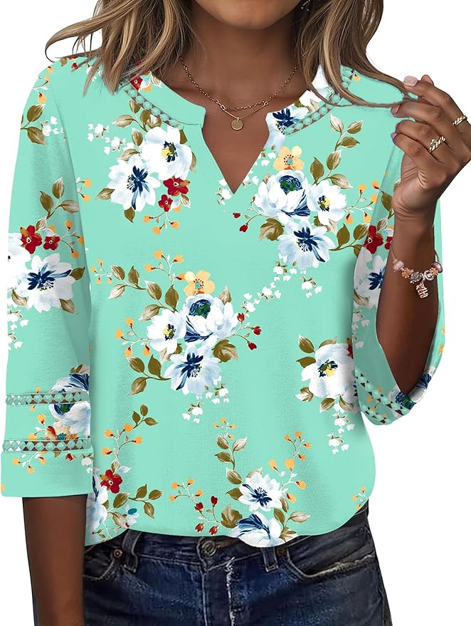Ivicoer 3/4 Length Sleeve Womens Tops V Neck Lace Embroidered Summer Blouses Loose Fit Tunic Dressy Casual
