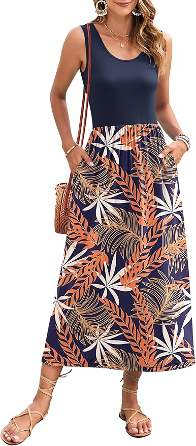 WNEEDU Women's Summer Maxi Dress 2026 Casual Sleeveless Hawaiian Sundress Tropical Long Dress Beach Vacation Outfit