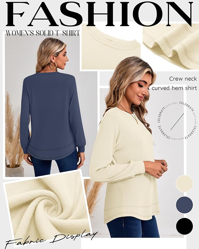 Ficerd 3 Pack Women's Long Sleeve Shirts, Cotton Crew Neck Tunic Tops Casual Loose Fit Pullover Sweatshirts Curved Hem Shirts