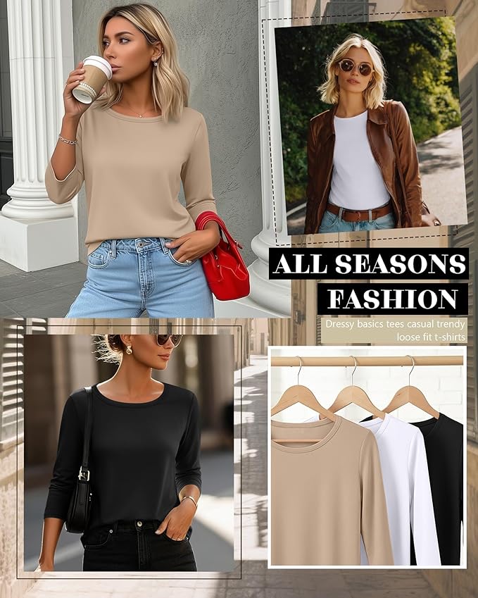 Ficerd 3 Pack 3/4 Sleeve Tops for Women Round Neck Dressy Basics Tees Casual Trendy Loose Fit T Shirts