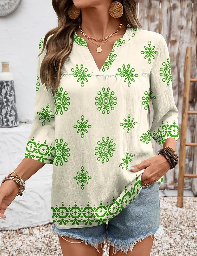 Rapbin Womens 3/4 Sleeve V Neck Floral Print Pleated Blouses for Women Dressy Casual Loose Fit Tops