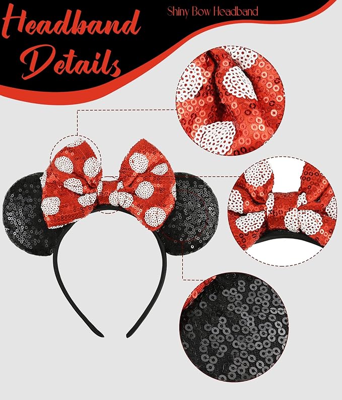 LIHELEI Mouse Ears Headband with Sequin Bows, Headbands for Kids Halloween Costume, Headwear Hair Accessories for Women Girls - Red and Black Headband-B