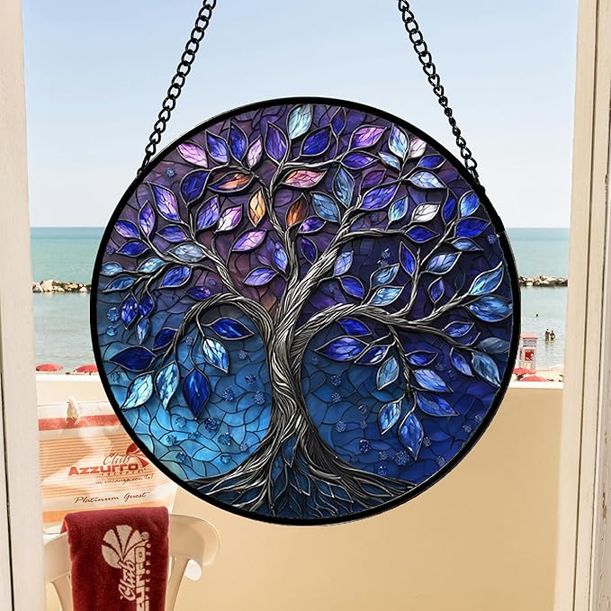 Stained Glass Window Hanging, Blue Purple Tree of Life Sun Catchers Colorful Glass Panel Plants Suncatcher Decor for Birthday for Women,Men,Wife, Lovers, and Mom 11.8x11.8 in
