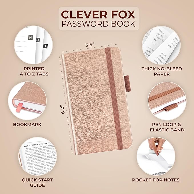 Clever Fox Password Book – Alphabetized Internet Address & Password Organizer - Computer & Website Password Keeper Notebook – Log-In Password Journal – Pocket, 6.2x3.5″, Hardcover (Rose Gold)