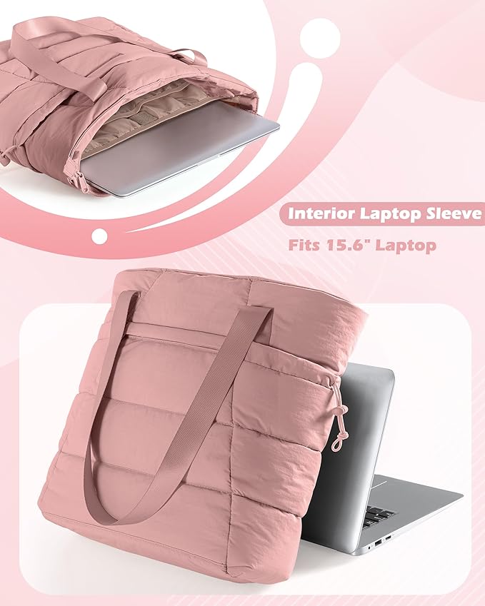 Puffer Tote Bag for Women, Lightweight Tote Bag for Work and School, Dark Pink