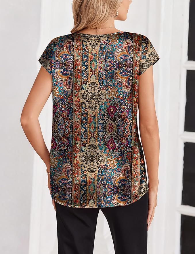 Zeagoo Women Silk Satin Tops Cap Short Sleeve Blouse V Neck Shirts Business Casual Outfits S-2XL
