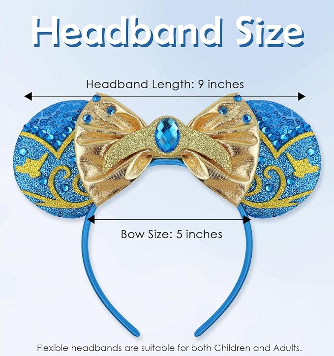 LIHELEI Mouse Ears Headband, Princess Jasmine Headbands for Women Birthday Party, Sequin Bows Headwear Hair Accessories for Women - Aladdin blue Headband