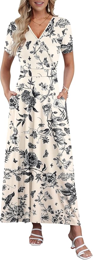 AUSELILY Maxi Dresses for Women Ankle Length Floral Print Beach Long Flowy Dress with Pockets
