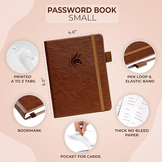 Clever Fox Password Book with alphabetical tabs. Internet Address Organizer Logbook. Small Pocket Password Keeper for Website Logins (Brown)