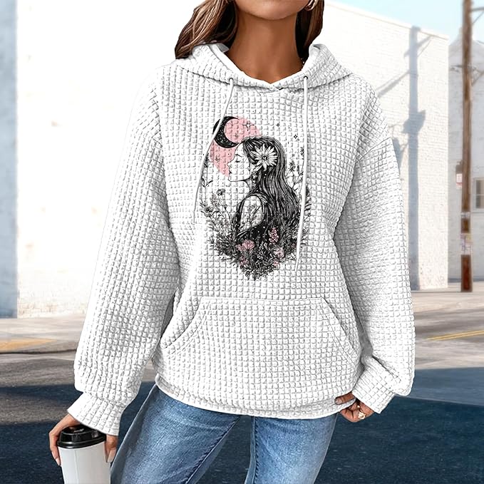domirica Pullover Sweatshirts For Women Drawstring Long Sleeve Waffle Sweatshirt With Pocket Vintage Street Wear Qutfits