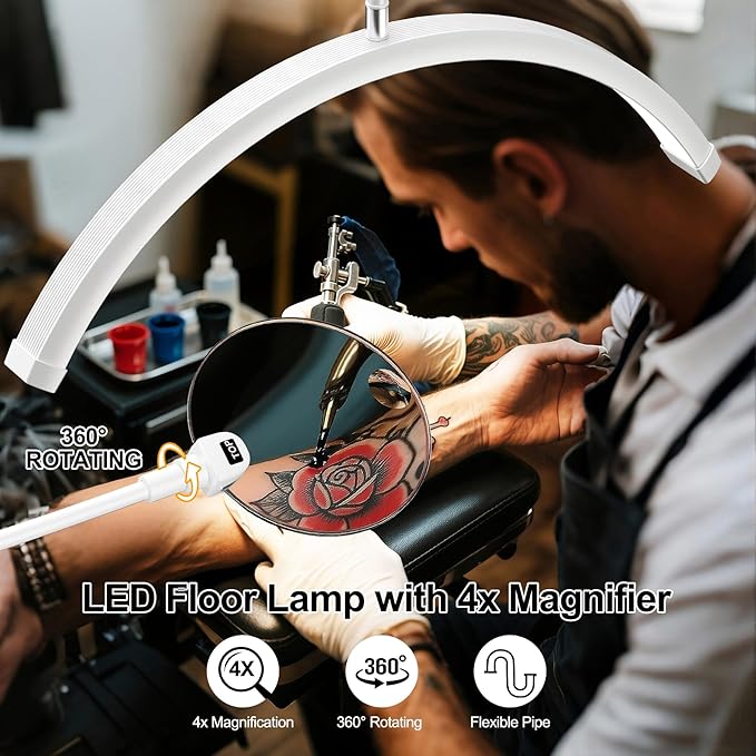 Half Moon Lash Light - Adjustable LED Floor Lash Lamp with 4X Magnifier & Phone Holder for Eyelash Extensions,Nail Art,Tattoo,Skincare,Salon SPA-Dimmable Brightness,Rotating Head, White