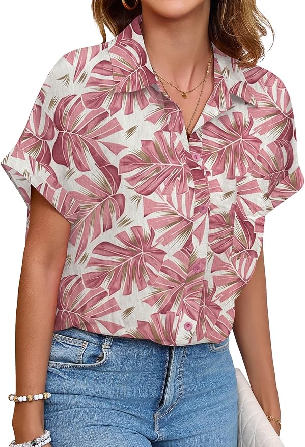 Womens Button Down Shirt Casual Short Sleeve Collared Work Blouse with Pocket