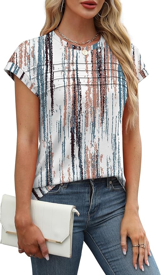 WEESO Womens Summer Tops Trendy 2026 Cap Sleeve T Shirts Crew Neck Pleated Front Beach Vacation Clothes Fashion