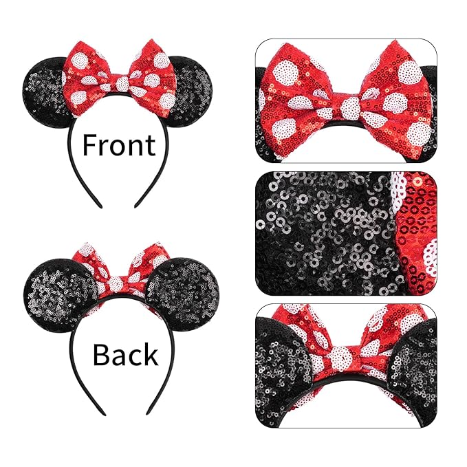 bianbaistar Sequin Mouse Ears，Black and Red Polka Dot Mouse Ear Headband for Holiday or Amusement Park Accessories，Princess Dress Up Hair Accessory
