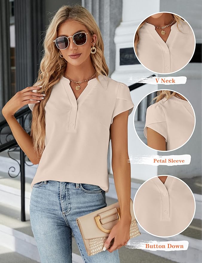 Blooming Jelly Women's Dressy Casual Tops Business Work Blouses White Button Down Shirts Cap Sleeve V Neck Tshirt