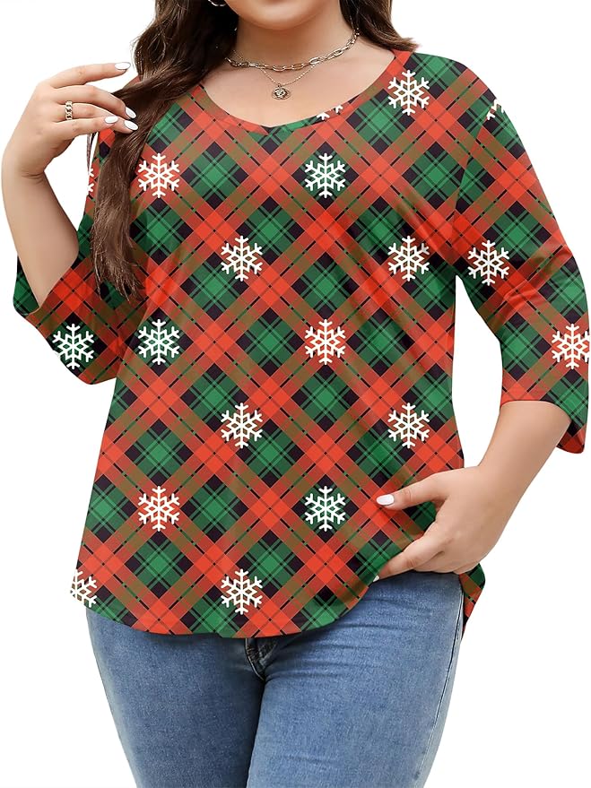 TFSDOD Womens Plus Size Tops V Neck T Shirts 3/4 Sleeve Blouse Summer Casual Tees XL-5X