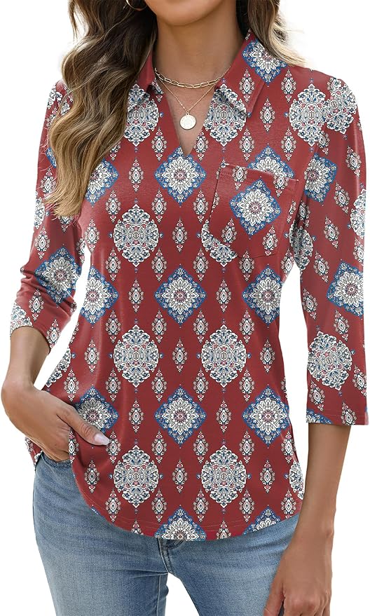 AKEWEI Womens 3/4 Length Sleeve Tops V Neck Casual Basic Tees Work Polo Shirts Collared Summer Top with Front Pocket