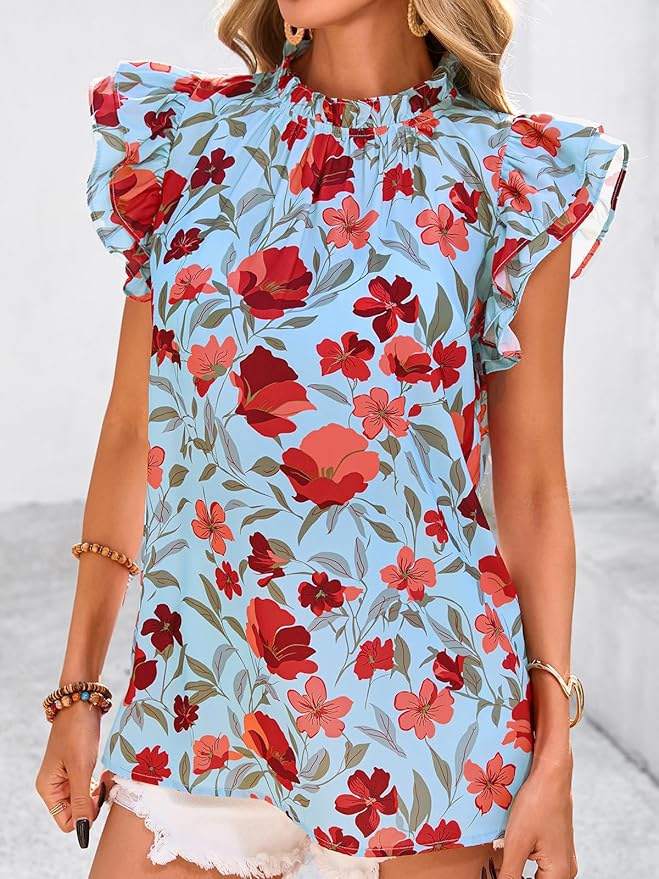 PRETTYGARDEN Women's Ruffle Short Sleeve Summer Tops 2026 Trendy Floral Trim Neck Casual Dressy Chiffon Boho Blouses Shirts