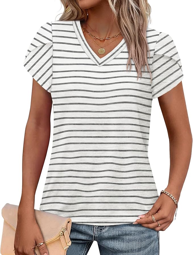 WIHOLL Womens Tops V Neck Summer Petal Sleeve Casual Tshirts