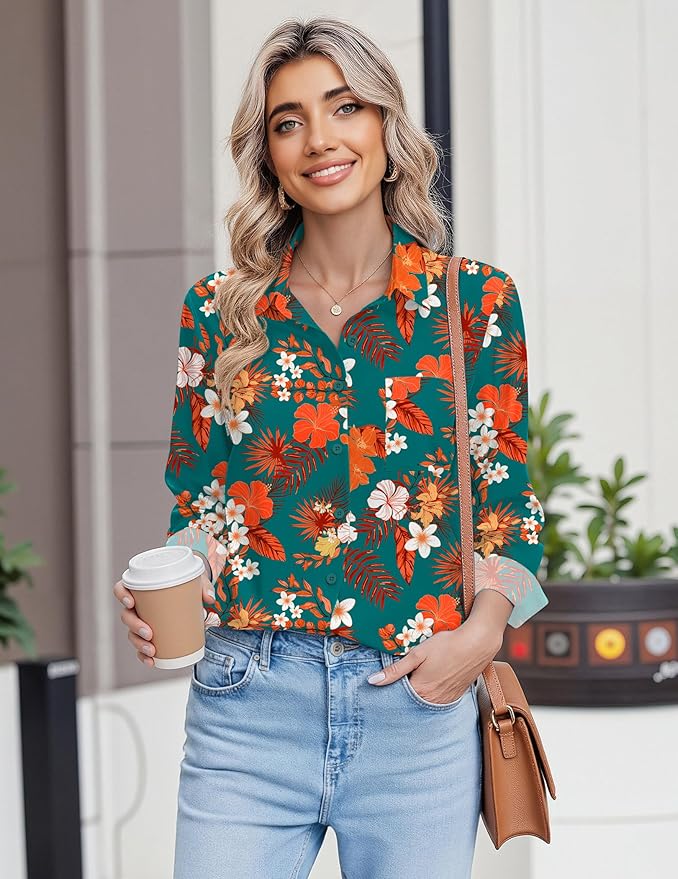HOTOUCH Button Down Shirts for Women Long Sleeve Blouse Dressy Casual Business Work Tops with Pocket