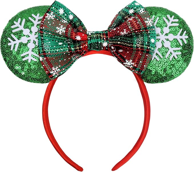 ETLUK Christmas Ears for Women Adult Girls, Mouse Ears Headbands with Bows for Trips, Party, Accessories (Plaid)