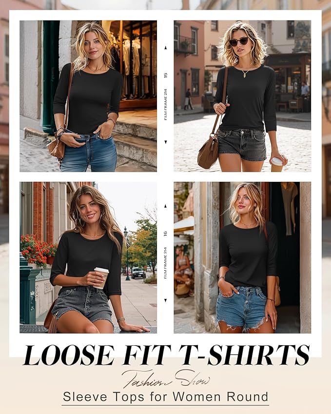 Ficerd 3 Pack 3/4 Sleeve Tops for Women Round Neck Dressy Basics Tees Casual Trendy Loose Fit T Shirts