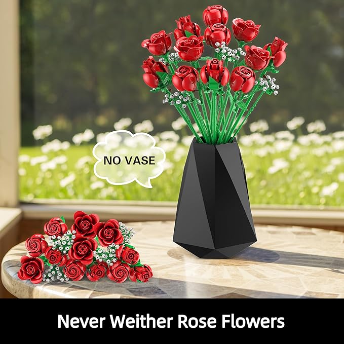 Sopu Red Rose Bouquet Building Set, 960PCS Roses Artificial Flowers Botanical Collection for Dinner Table Home Decor, Valentines Day Gifts for Her Him Valentines Flower Decorations