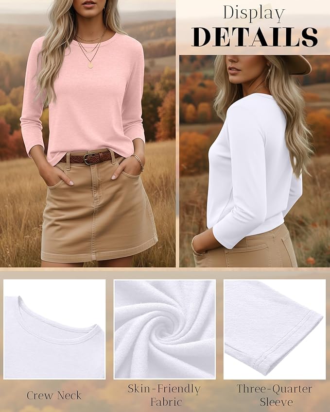 Ficerd 3 Pack 3/4 Sleeve Tops for Women Round Neck Dressy Basics Tees Casual Trendy Loose Fit T Shirts