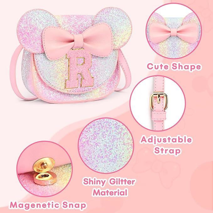 mibasies Toddler Purse Girl Gifts: Girls Birthday Gifts for 3-8 - Toys for Ages 2-4 Girls Mouse Ears Purse, Glitter Rainbow, Letter R