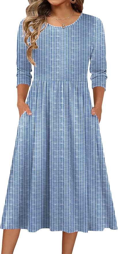 Zeagoo 3/4 Sleeve Women's Dress Casual Flowy A-Line Midi Tshirt Dresses with Pockets Crewneck Vocation Boho Beach Sundress