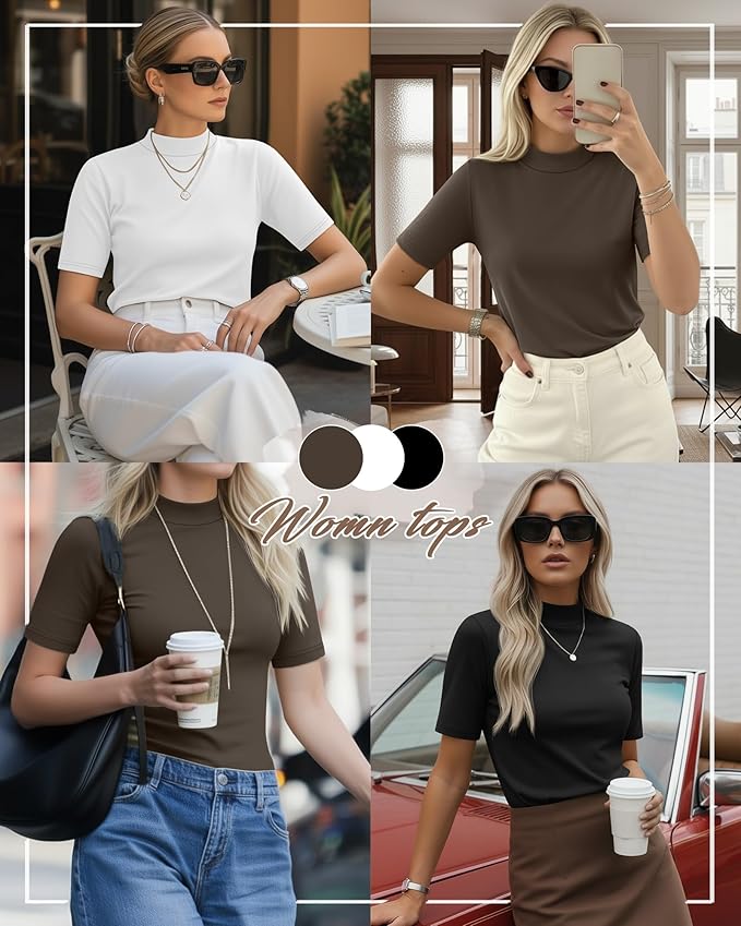 Ficerd 3 Pack Women's 1/2 Sleeve Mock Turtleneck Shirts, Elbow Length Shirt Half Sleeve Tunic Top Casual Summer Basic Tees